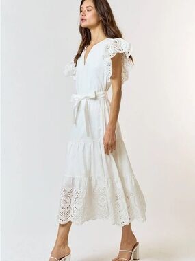 Rails White Eyelet Flutter Sleeve Midi Dress